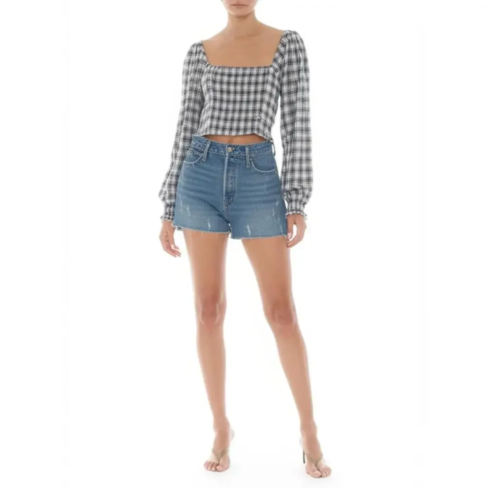 NEW Abercrombie & Fitch White Gray Plaid Smocked Long Puff Sleeve Blouse Size XS